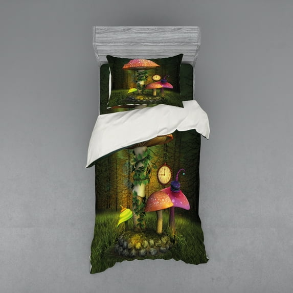 Ambesonne Fantasy Bedding Set 3 Pcs, Giant Mushroom and Elve, Twin, Green Coral