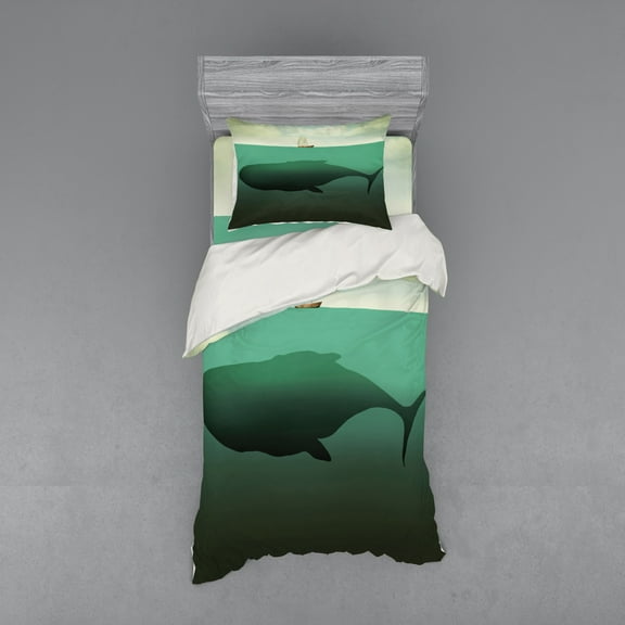 Ambesonne Fantasy Bedding Set 3 Pcs, Giant Whale Sailboat, Twin XL, Green Beige
