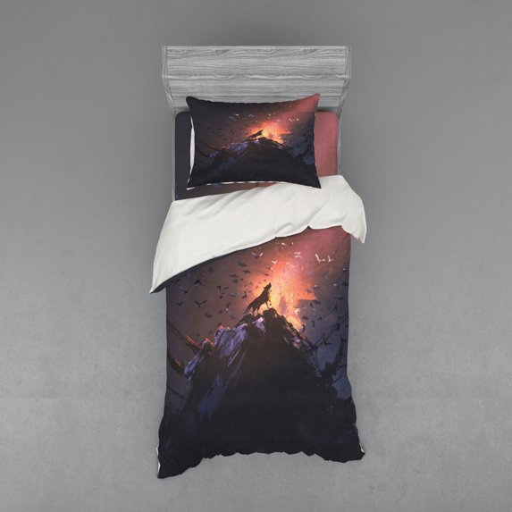 Ambesonne Fantasy Bedding Set 3 Pcs, Howling Wolf on Rock, Twin, Multicolor