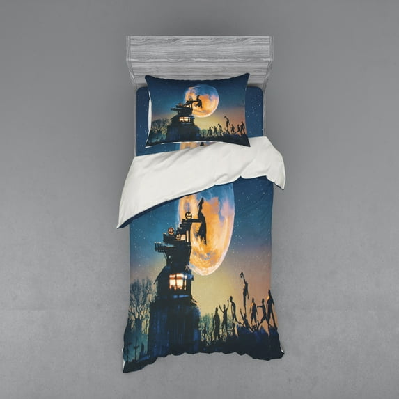 Ambesonne Fantasy Bedding Set 3 Pcs, Moon Halloween Queen, Twin XL, Blue Yellow