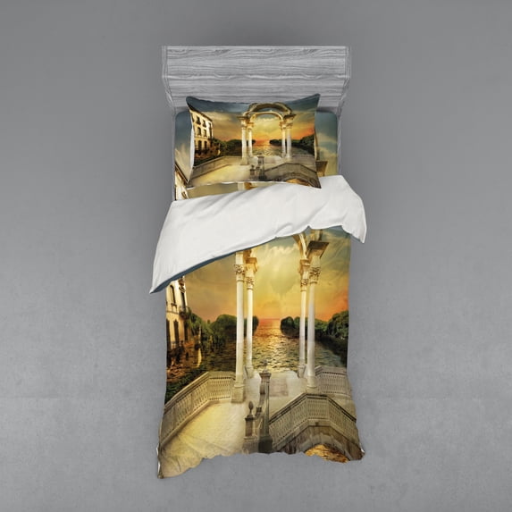Ambesonne Fantasy Bedding Set 3 Pcs, Surreal Bridge Gateway, Twin, White Pale Yellow Green