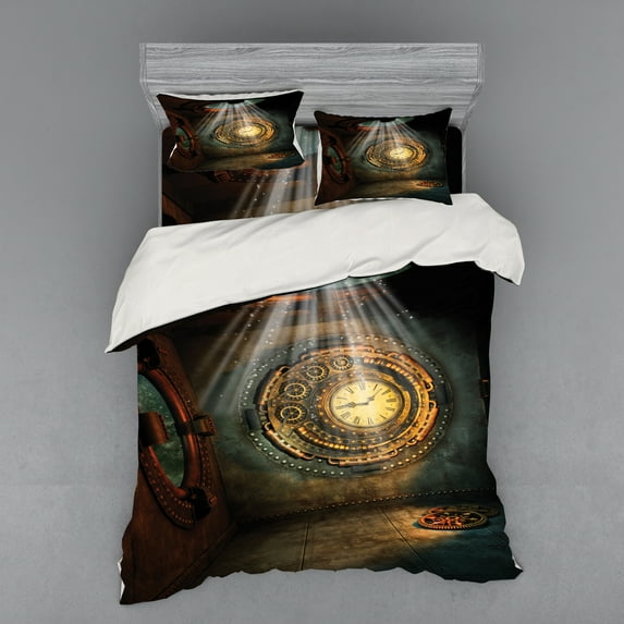 Ambesonne Fantasy Bedding Set 4 Pcs, Clock Dream Sky Fiction, Queen, Brown and Teal