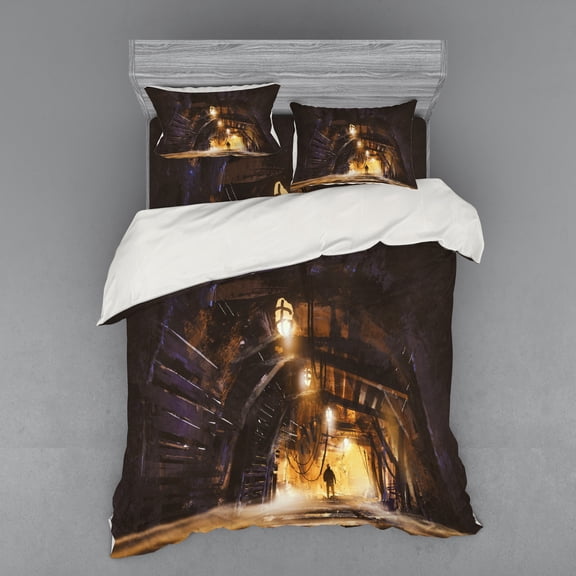 Ambesonne Fantasy Bedding Set 4 Pcs, Dark Rock Smokey, Queen, Orange Purple