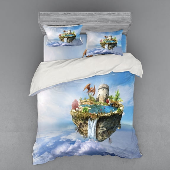 Ambesonne Fantasy Bedding Set 4 Pcs, Dragon Castle Tower, Queen, Green and Blue