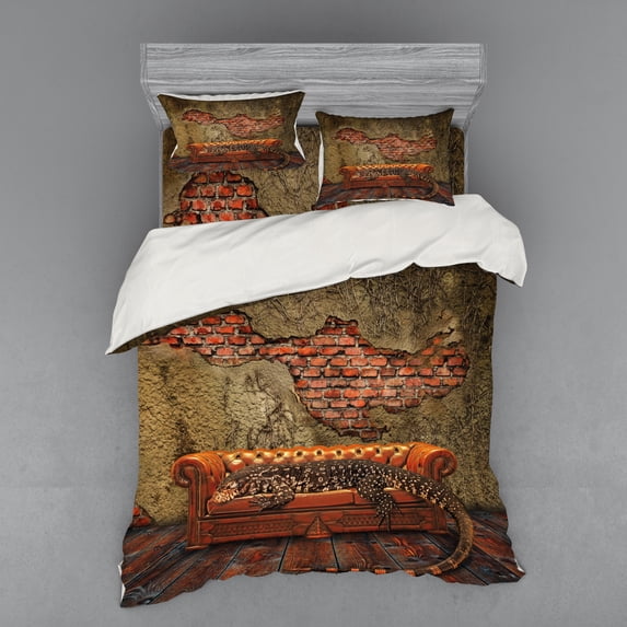 Ambesonne Fantasy Bedding Set 4 Pcs, Grunge Brick Wall, Queen, Vermilion Umber