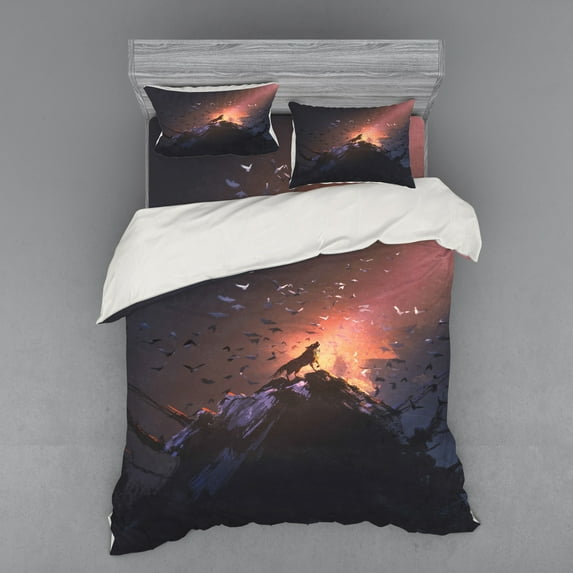 Ambesonne Fantasy Bedding Set 4 Pcs, Howling Wolf on Rock, Queen, Multicolor