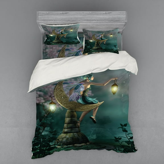 Ambesonne Fantasy Bedding Set 4 Pcs, Little Pixie in Forest Art, Queen, Yellow Lilac Teal