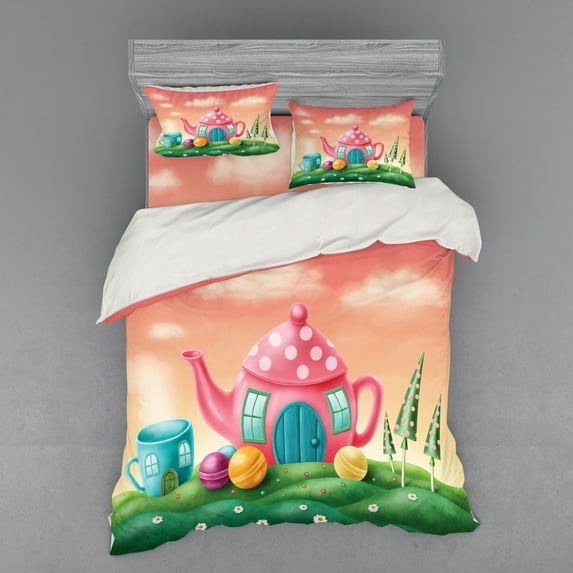 Ambesonne Fantasy Bedding Set 4 Pcs, Teapot and Teacup House, Queen, Pink Green