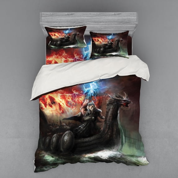 Ambesonne Fantasy Bedding Set 4 Pcs, Thunder Storm Vikings, Queen, Grey Orange