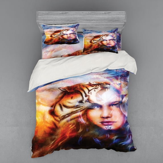 Ambesonne Fantasy Bedding Set 4 Pcs, Tiger and Lion Head, Queen, Yellow Brown Blue