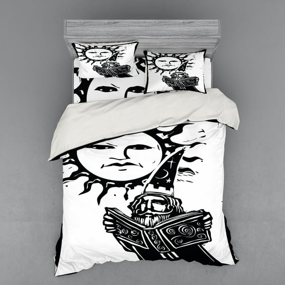 Ambesonne Fantasy Bedding Set 4 Pcs, Wizard with Magic Book, Queen, White Black