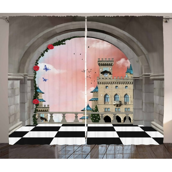 Ambesonne Fantasy Curtains 2 Panel Set, Medieval Castle Balcony, 108" x 96", Multicolor