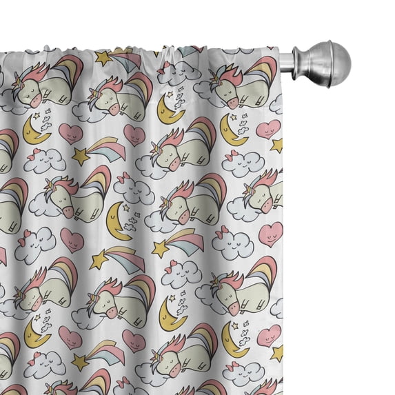 Ambesonne Fantasy Curtains, Sleeping Unicorns Cloud Art, Pair of 28"x84", Sand Brown Coral and Grey