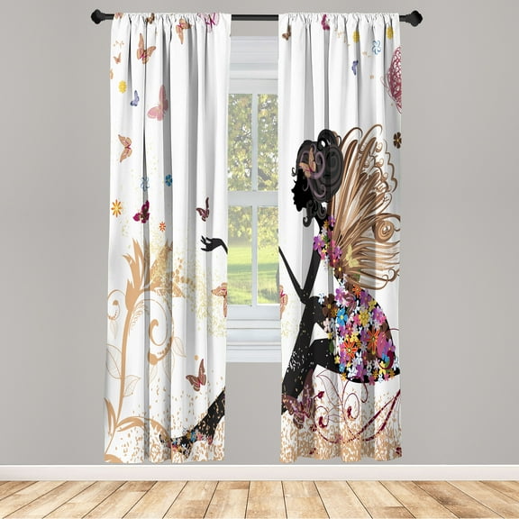 Ambesonne Fantasy Curtains, Spring Wings Floral Print, Pair of 28"x84", Almond Black