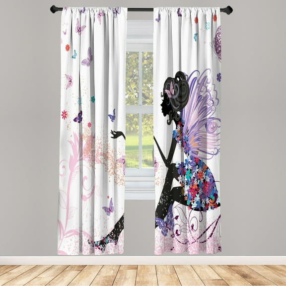 Ambesonne Fantasy Curtains, Spring Wings Floral Print, Pair of 28"x95", Pale Lavender