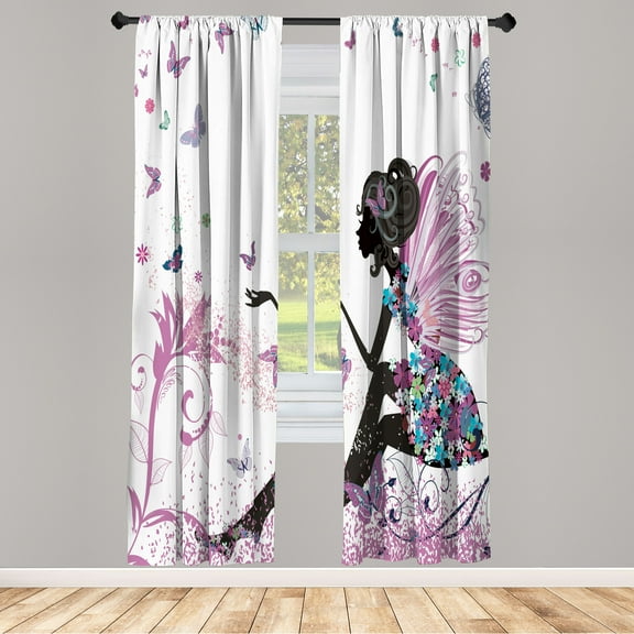 Ambesonne Fantasy Curtains, Spring Wings Floral Print, Pair of 28"x95", Pale Purple