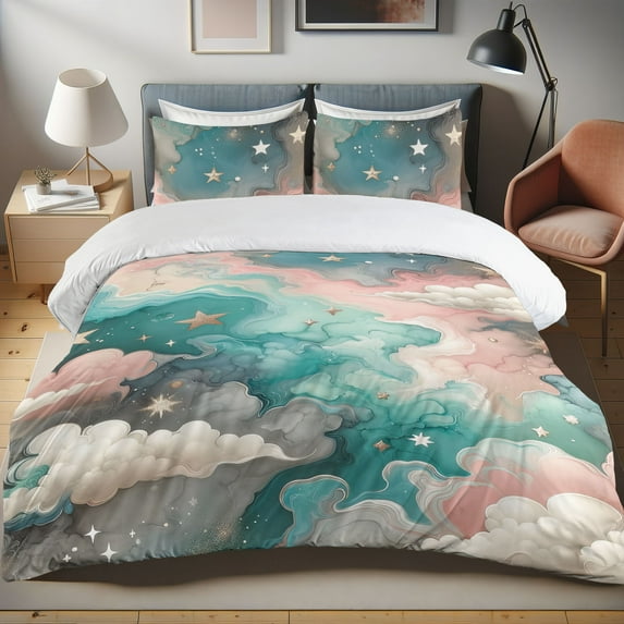 Ambesonne Fantasy Dream Duvet Cover Set, Starry Tale Artwork, Twin, Seafoam Blush Grey