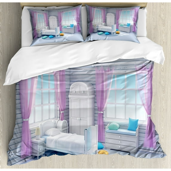 Ambesonne Fantasy Duvet Cover Set, Dreamy Wooden Bedroom, Calking, Lilac Purplegrey