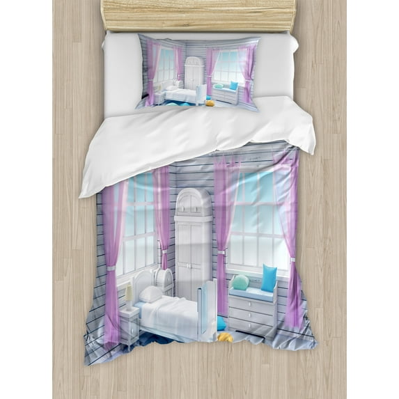 Ambesonne Fantasy Duvet Cover Set, Dreamy Wooden Bedroom, Twin, Lilac Purplegrey