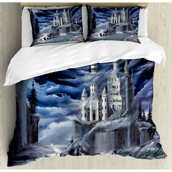 Ambesonne Fantasy Duvet Cover Set, Island Castle Full Moon, 2-Calking, Dark Blue Grey White