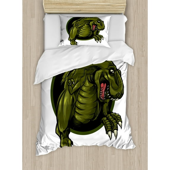 Ambesonne Fantasy Duvet Cover Set, T-rex Animal, Twin, Olive Green Brown