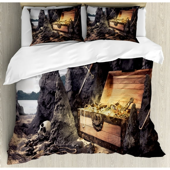 Ambesonne Fantasy Duvet Cover Set, Treasure Chest in Cave, 2-Calking, Charcoal Grey Amber