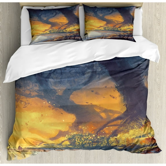 Ambesonne Fantasy Duvet Cover Sets, Big Tree Huge Roots Art, 2-King, Orange Blue