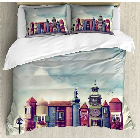 Ambesonne Fantasy Duvet Cover Sets, City of Old Books Birds, 2-Queen, Red and Blue