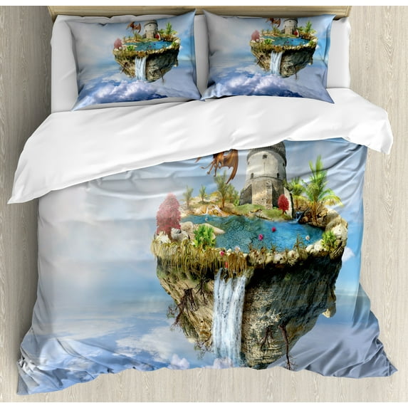Ambesonne Fantasy Duvet Cover Sets, Dragon Castle Tower, 2-Queen, Green and Blue