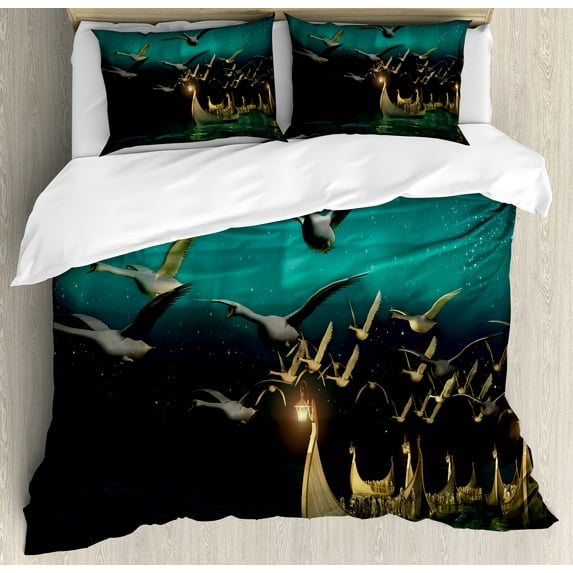 Ambesonne Fantasy Duvet Cover Sets, Elf Boats Birds Swans, 2-King, Sand Brown Dark Teal