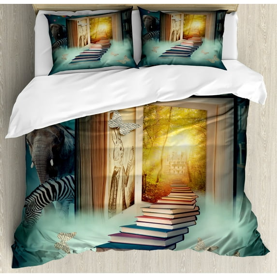 Ambesonne Fantasy Duvet Cover Sets, Magic Book and Animals, 2-Queen, Teal and Yellow