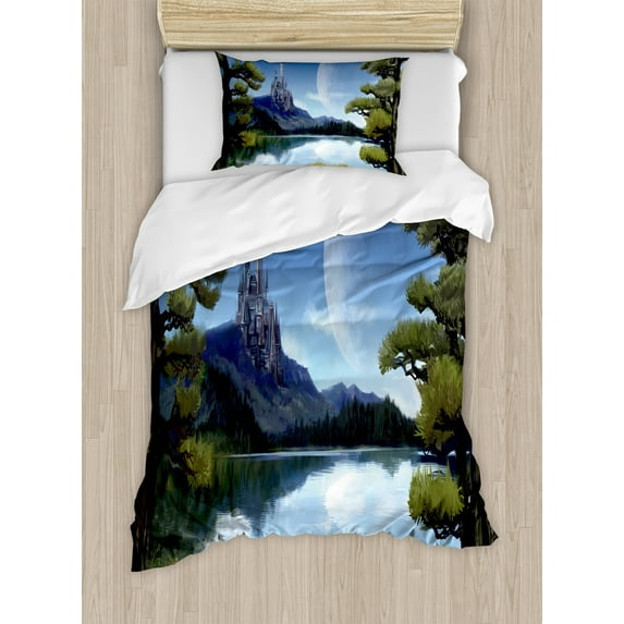 Ambesonne Fantasy Duvet Cover Sets, Riverside Lake Scene, 2-Twin, Green and Blue