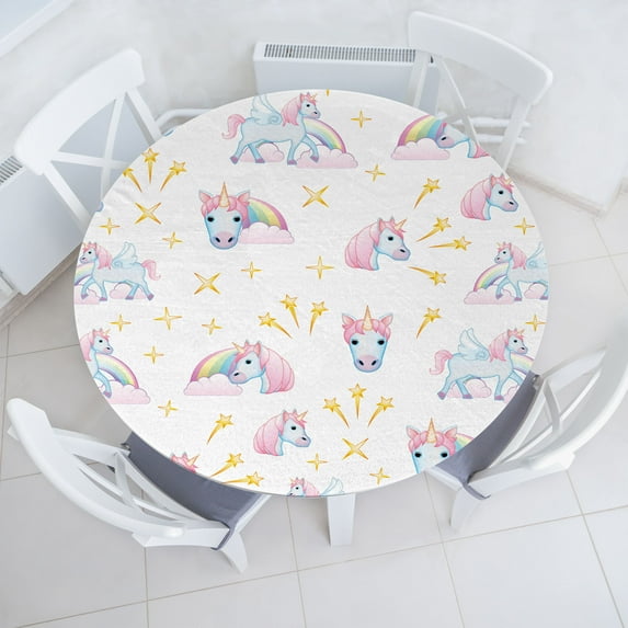 Ambesonne Fantasy Emoji Fitted Round Tablecloth, Soft Colors Unicorns, 40"- 44" Diameter, White Mustard Multicolor