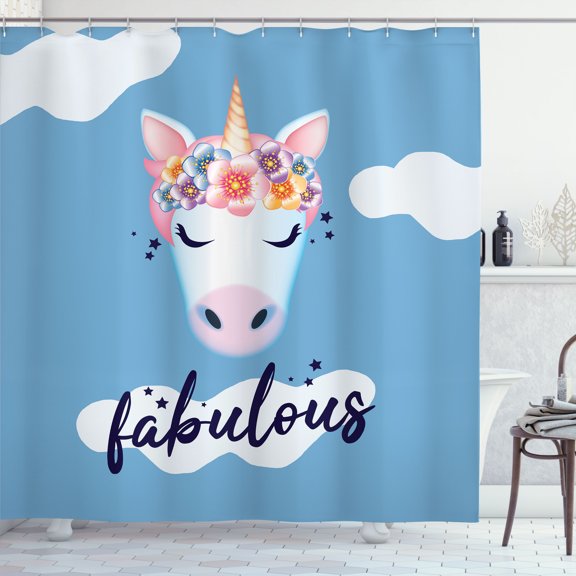 Ambesonne Fantasy Emoji Shower Curtain, Floral Unicorn Cloud, 69"Wx70"L, Sky Blue Pastel Pink