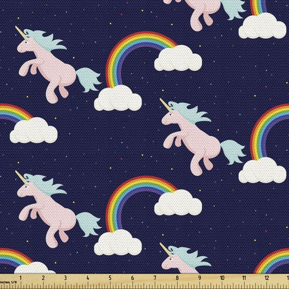 Ambesonne Fantasy Fabric by the Yard Upholstery, Unicorn Rainbow Cartoon Art, 3 Yards, Navy Blue and Pale Seafoam