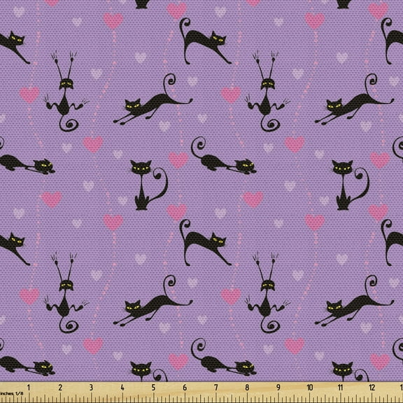 Ambesonne Fantasy Fabric by the Yard Upholstery, Kittens Art Hearts Pattern, 1 Yard, Violet Black Pink