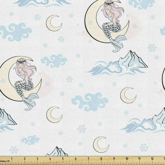 Ambesonne Fantasy Fabric by the Yard Upholstery, Mermaid on a Moon at Night, 3 Yards, Pale Blue Multicolor