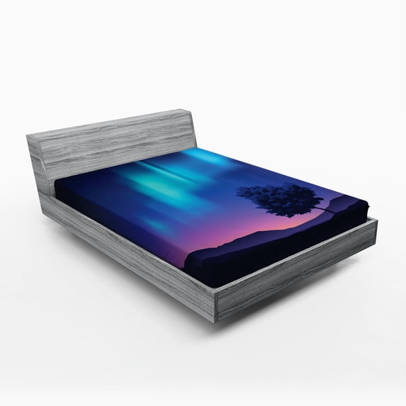 Ambesonne Fantasy Fitted Sheet, Aurora Borealis Tree, Queen Size, Blue Purple