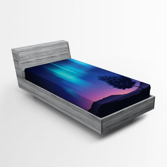 Ambesonne Fantasy Fitted Sheet, Aurora Borealis Tree, Twin Size, Blue Purple