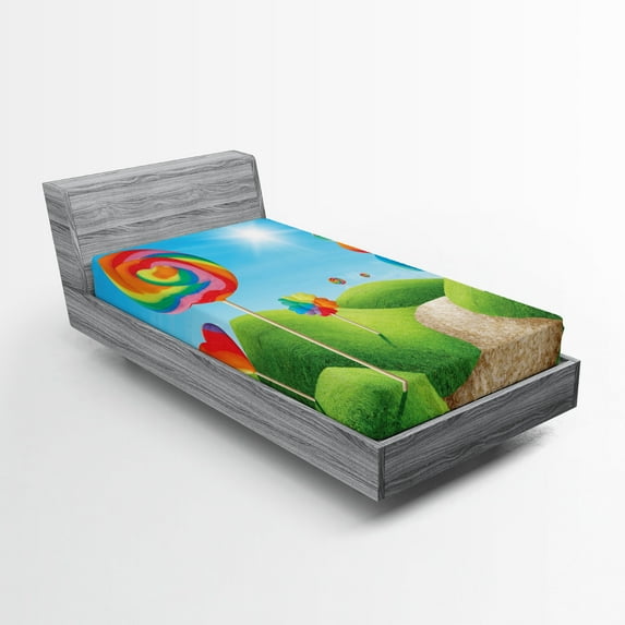 Ambesonne Fantasy Fitted Sheet, Candy Land Lollipops, Twin Size, Green Blue Red