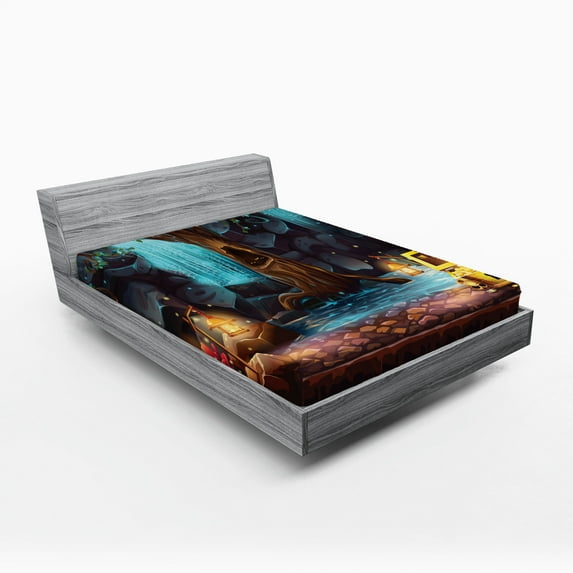 Ambesonne Fantasy Fitted Sheet, Cartoon Cave Treasure, Queen Size, Multicolor