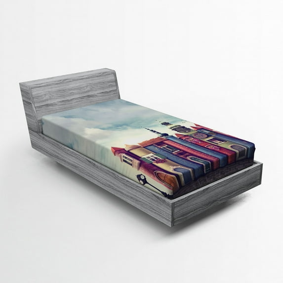 Ambesonne Fantasy Fitted Sheet, City of Old Books Birds, Twin Size, Red and Blue