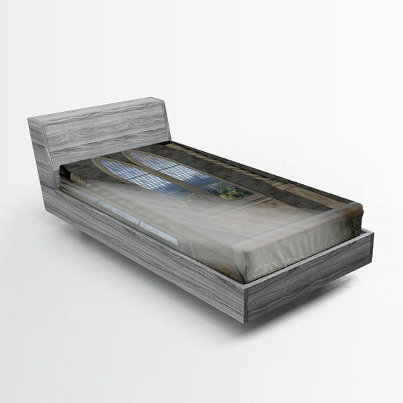 Ambesonne Fantasy Fitted Sheet, Crepuscular Rays Palace, Twin Size, Grey Cream White