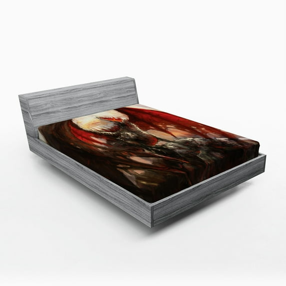 Ambesonne Fantasy Fitted Sheet, Dragon Mountain Myth, Queen Size, Multicolor