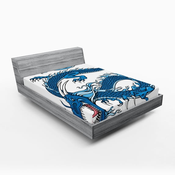 Ambesonne Fantasy Fitted Sheet, Dragon Myth Creature, Full Size, Pale Blue Dark Blue
