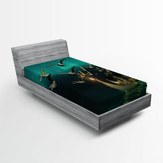 Ambesonne Fantasy Fitted Sheet, Elf Boats Birds Swans, Twin XL Size, Sand Brown Dark Teal