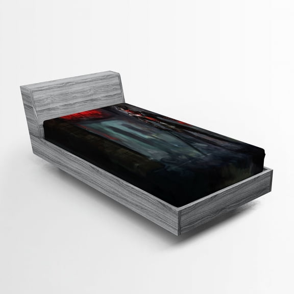 Ambesonne Fantasy Fitted Sheet, Fantasy Building Gothic, Twin XL Size, Grey and Red