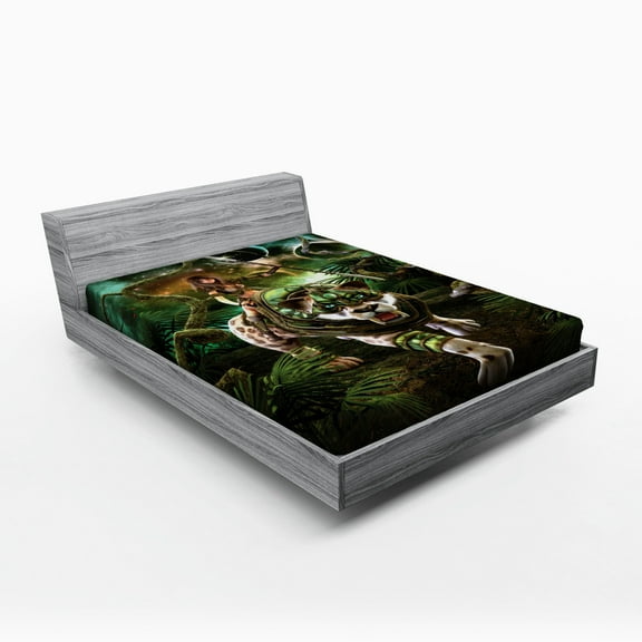 Ambesonne Fantasy Fitted Sheet, Fantasy Tiger Galaxy, Queen Size, Green