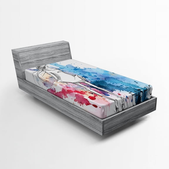 Ambesonne Fantasy Fitted Sheet, Fashion Lady with Hat, Twin XL Size, Pink and Blue