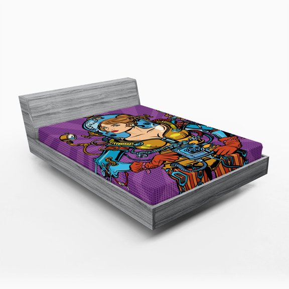 Ambesonne Fantasy Fitted Sheet, Futuristic Sci-Fi Woman, Full Size, Purple Sky Blue Marigold